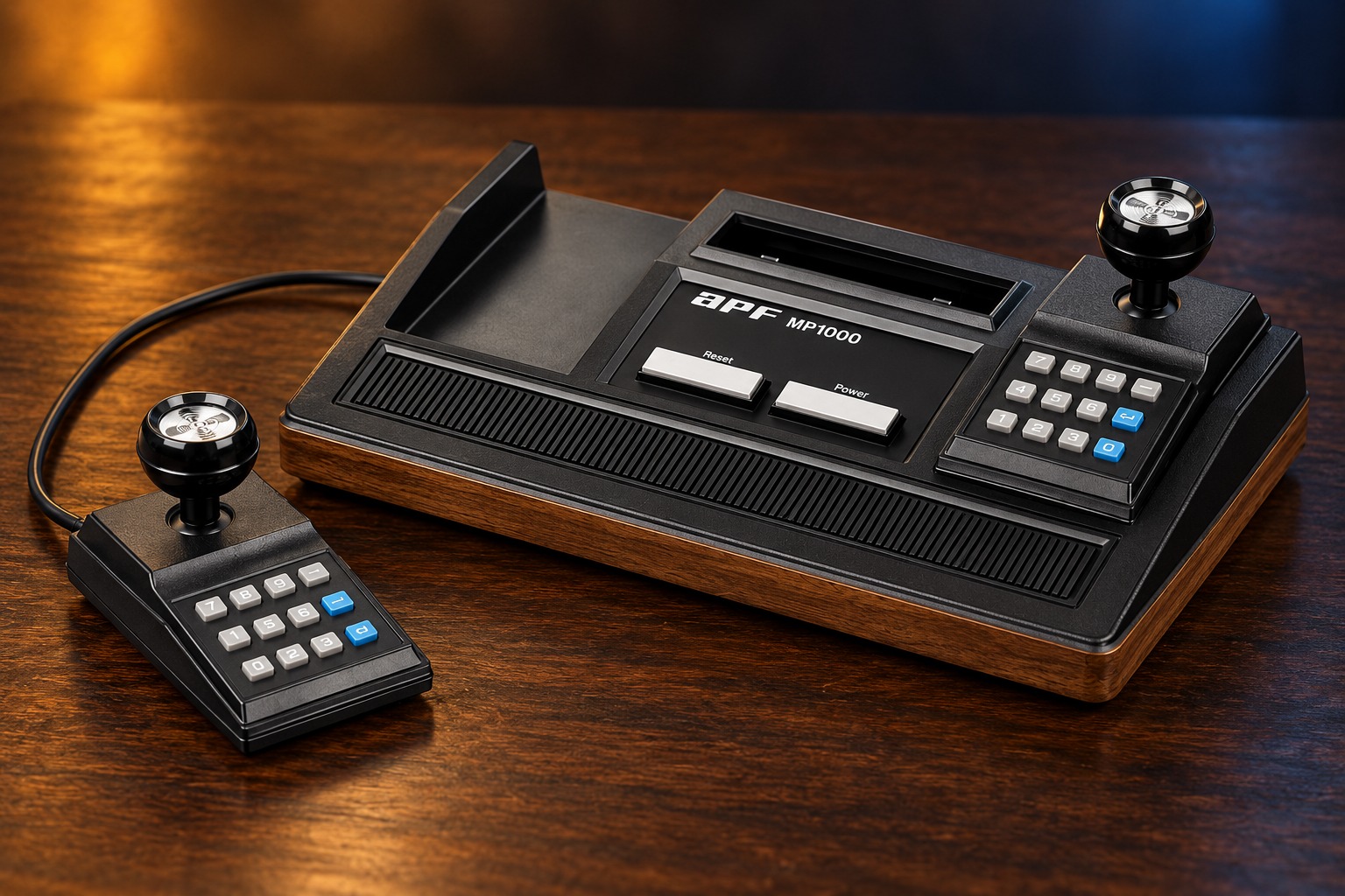 APF MP1000 (Microcomputer System) mit passendem Controller auf einem dunklen Holztisch vor dezent beleuchtetem Hintergrund