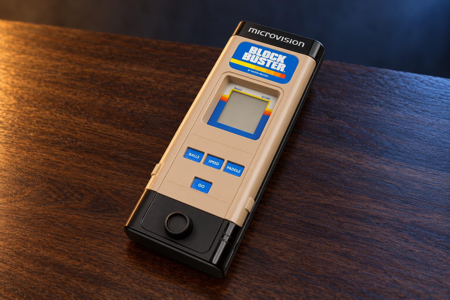 Milton Bradley Microvision mit integrierter Steuerung auf einem dunklen Holztisch vor dezent beleuchtetem Hintergrund