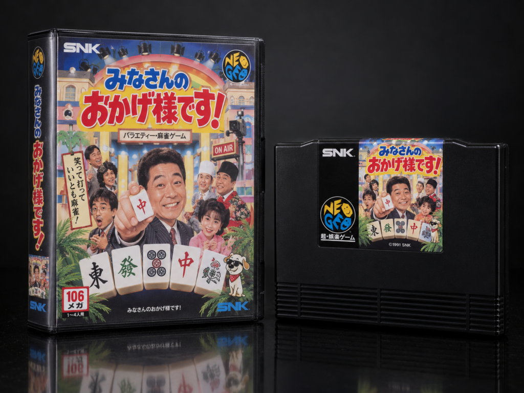 Mina-san no Okage-sama Desu!: KI-erstellter Neo-Geo-AES-Packshot mit Verpackung und Modul auf dunkler spiegelnder Fläche
