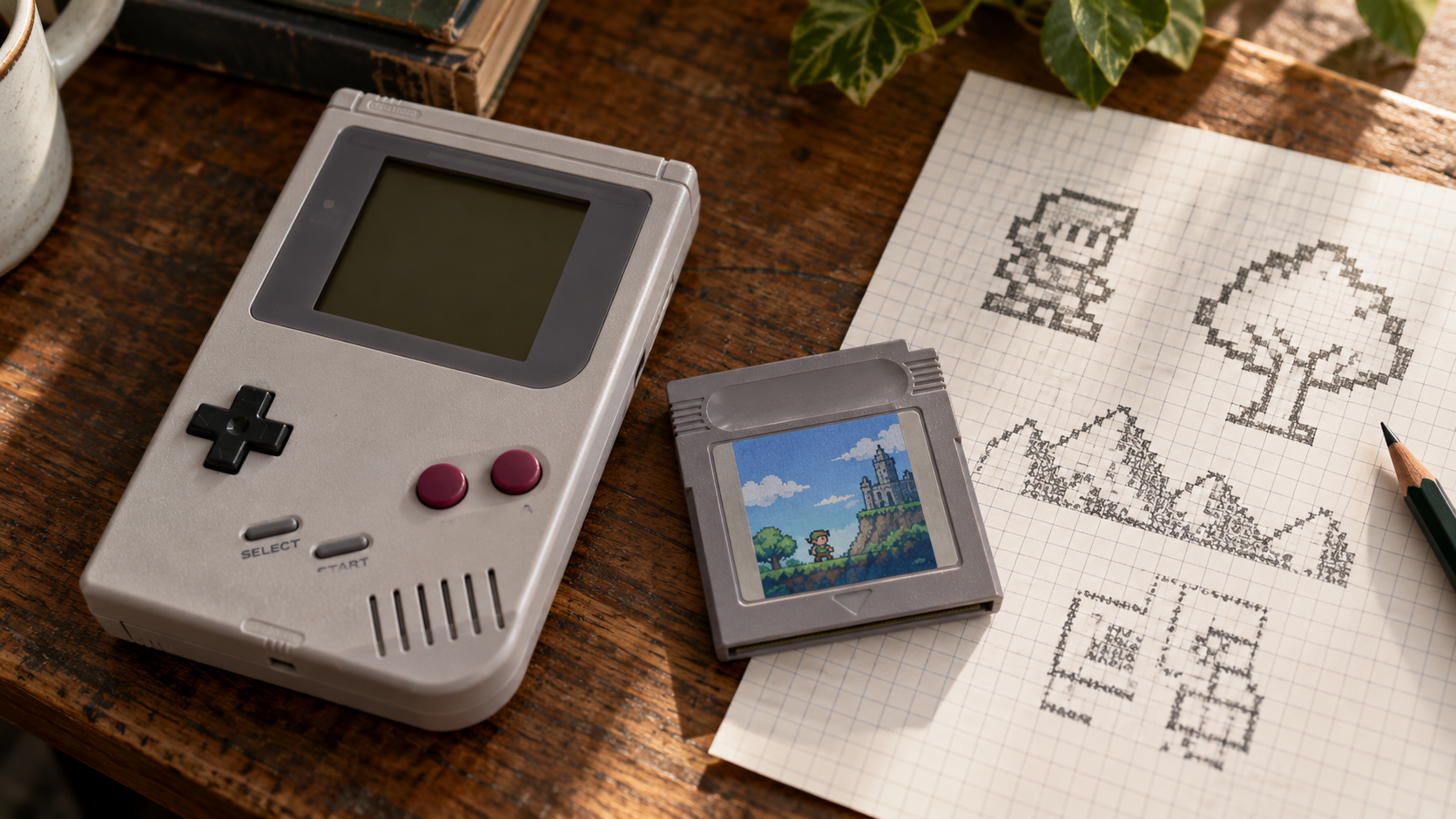 Grauer Handheld mit dunklem Display, Modul und Pixelnotizen – KI-generiertes Symbolbild zum MissingNo Glitch