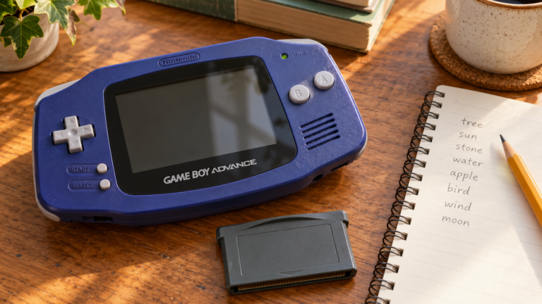 Redaktionelle Szene mit Game Boy Advance und Notizen zur Monsterzucht