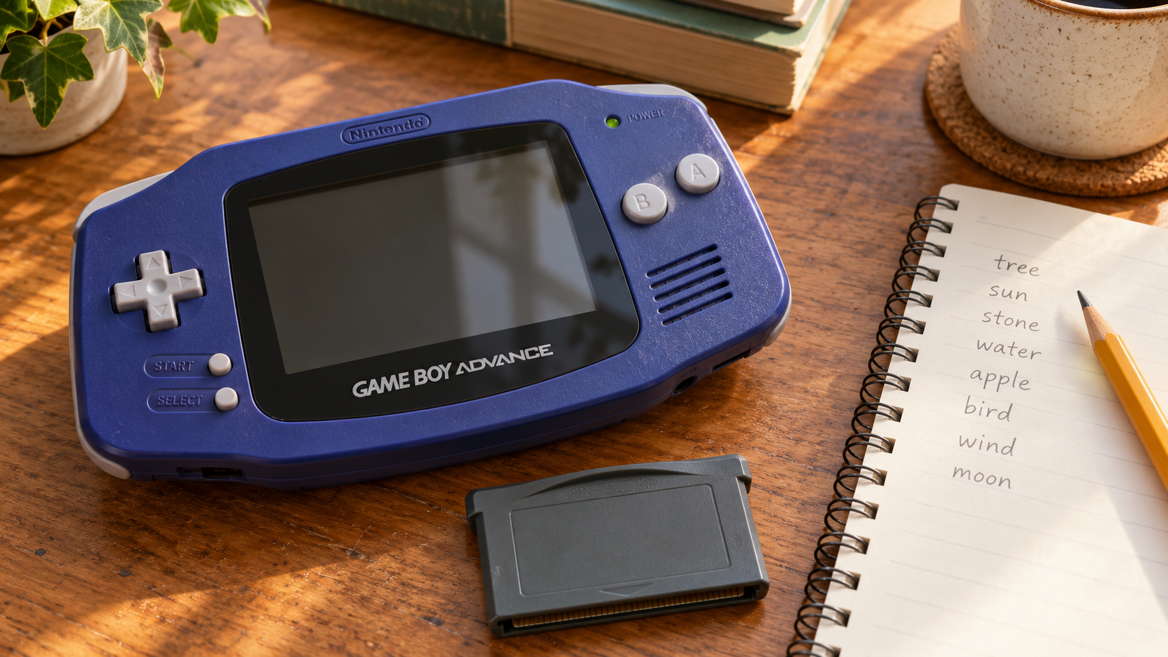 Redaktionelle Szene mit Game Boy Advance und Notizen zur Monsterzucht