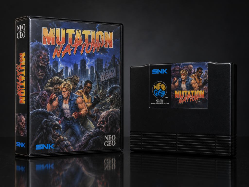 Mutation Nation: KI-erstellter Neo-Geo-AES-Packshot mit Verpackung und Modul auf dunkler spiegelnder Fläche