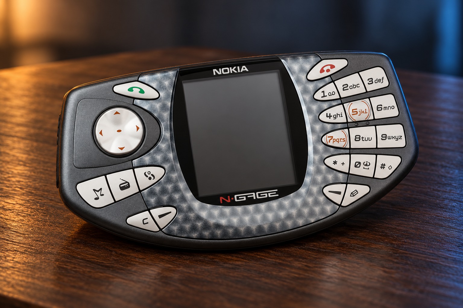 Nokia N-Gage mit integrierter Steuerung auf einem dunklen Holztisch vor dezent beleuchtetem Hintergrund