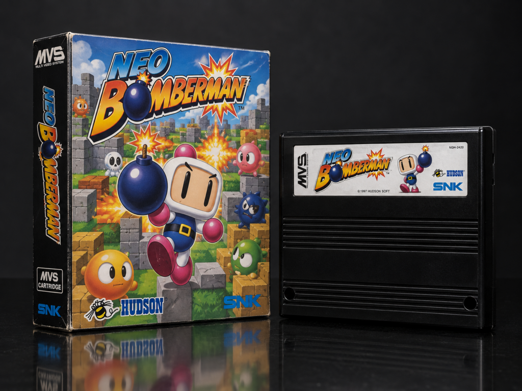 Neo Bomberman: KI-erstellter Neo-Geo-MVS-Packshot mit Verpackung und Modul auf dunkler spiegelnder Fläche