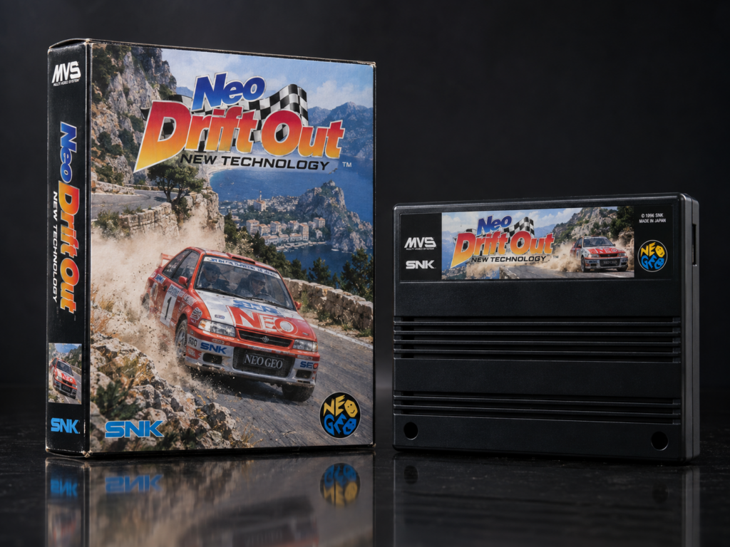 Neo Drift Out: New Technology: KI-erstellter Neo-Geo-MVS-Packshot mit Verpackung und Modul auf dunkler spiegelnder Fläche