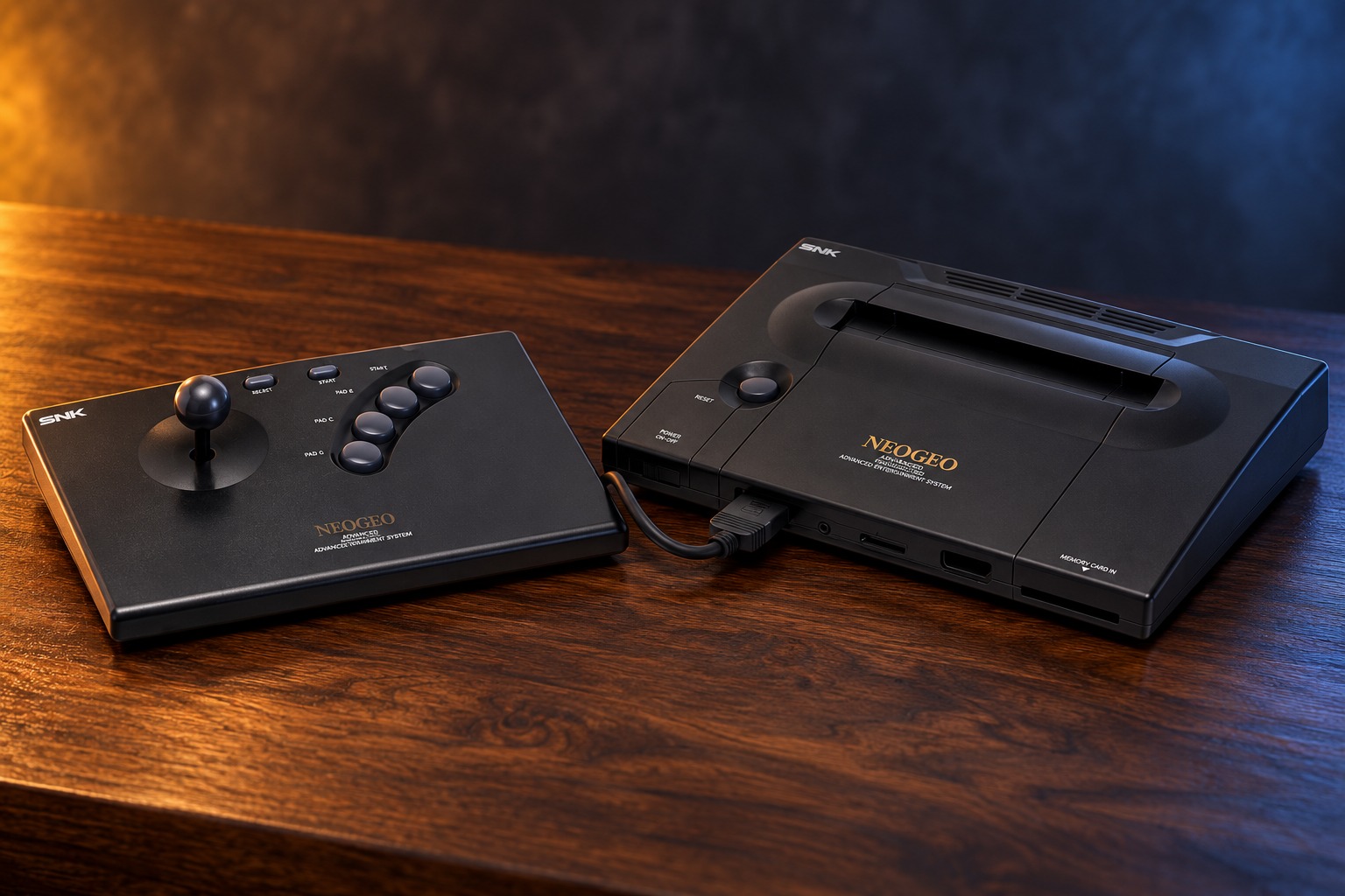 SNK Neo Geo AES mit passendem Controller auf einem dunklen Holztisch vor dezent beleuchtetem Hintergrund