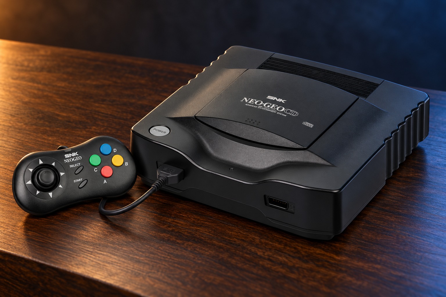 SNK Neo Geo CD mit passendem Controller auf einem dunklen Holztisch vor dezent beleuchtetem Hintergrund
