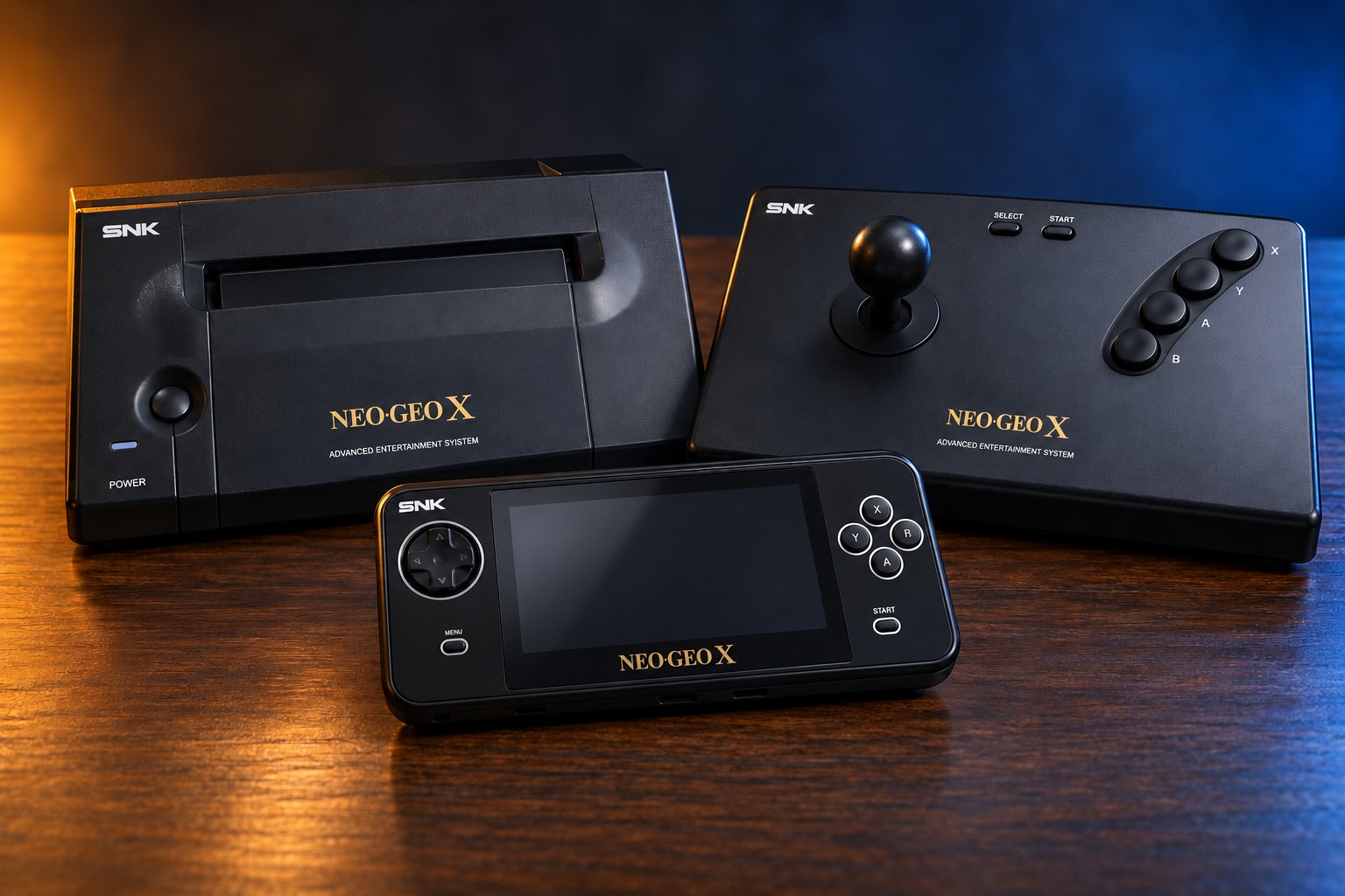 Neo Geo X mit passendem Controller auf einem dunklen Holztisch vor dezent beleuchtetem Hintergrund