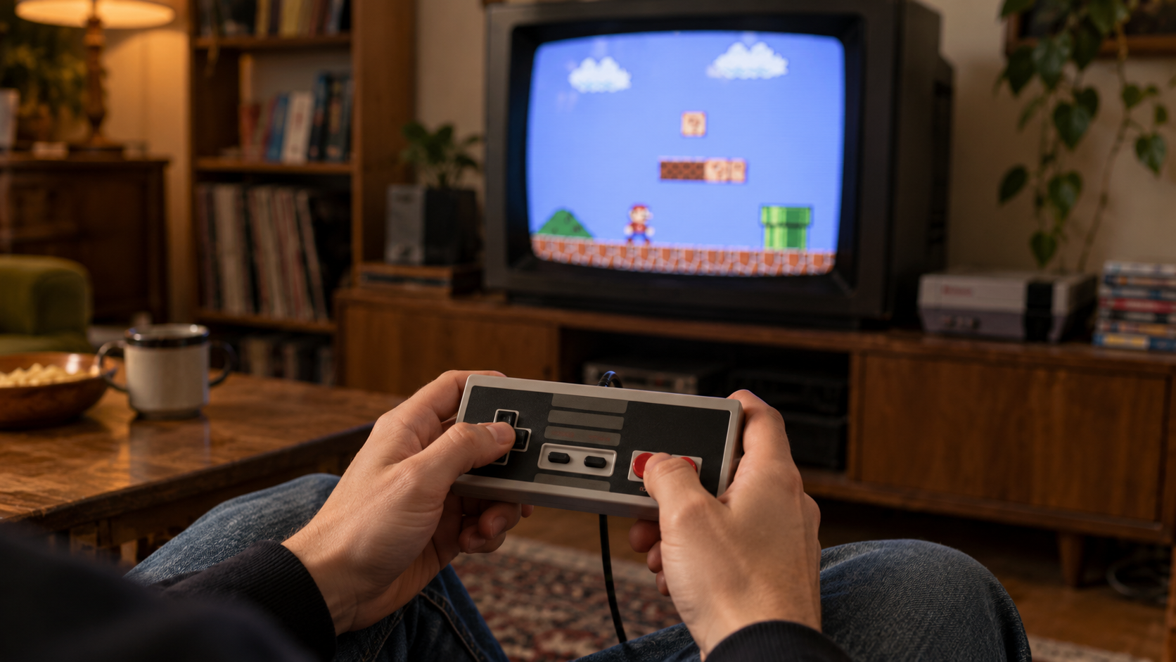 Hände an einem rechteckigen 8-Bit-Controller vor einem Röhrenfernseher – KI-generiertes Symbolbild