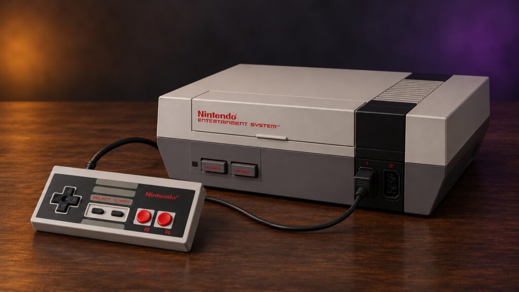 Nintendo Entertainment System (NES) mit passendem Controller auf einem dunklen Holztisch vor dezent beleuchtetem Hintergrund