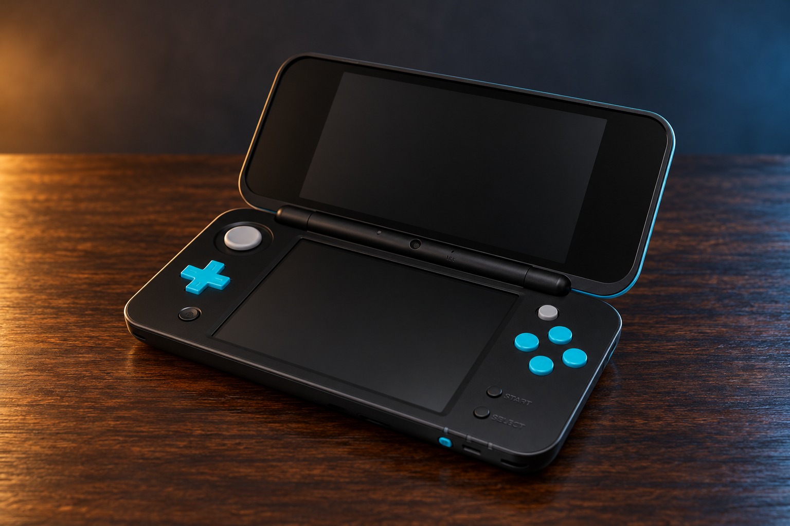 New Nintendo 2DS XL mit integrierter Steuerung auf einem dunklen Holztisch vor dezent beleuchtetem Hintergrund
