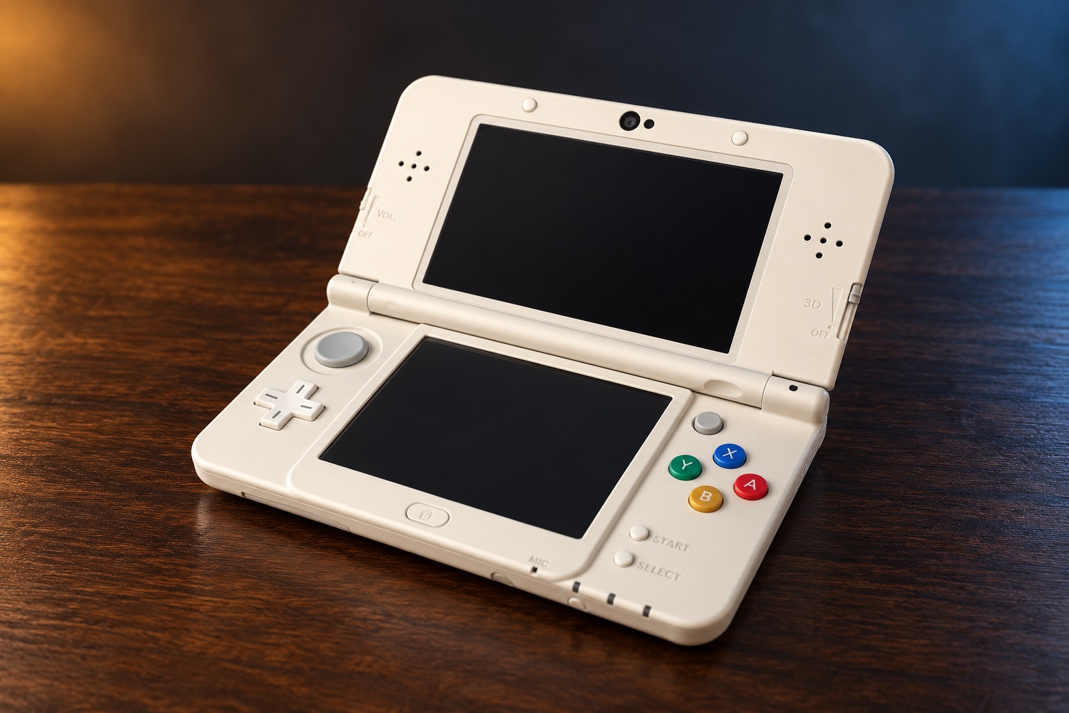 New Nintendo 3DS mit integrierter Steuerung auf einem dunklen Holztisch vor dezent beleuchtetem Hintergrund