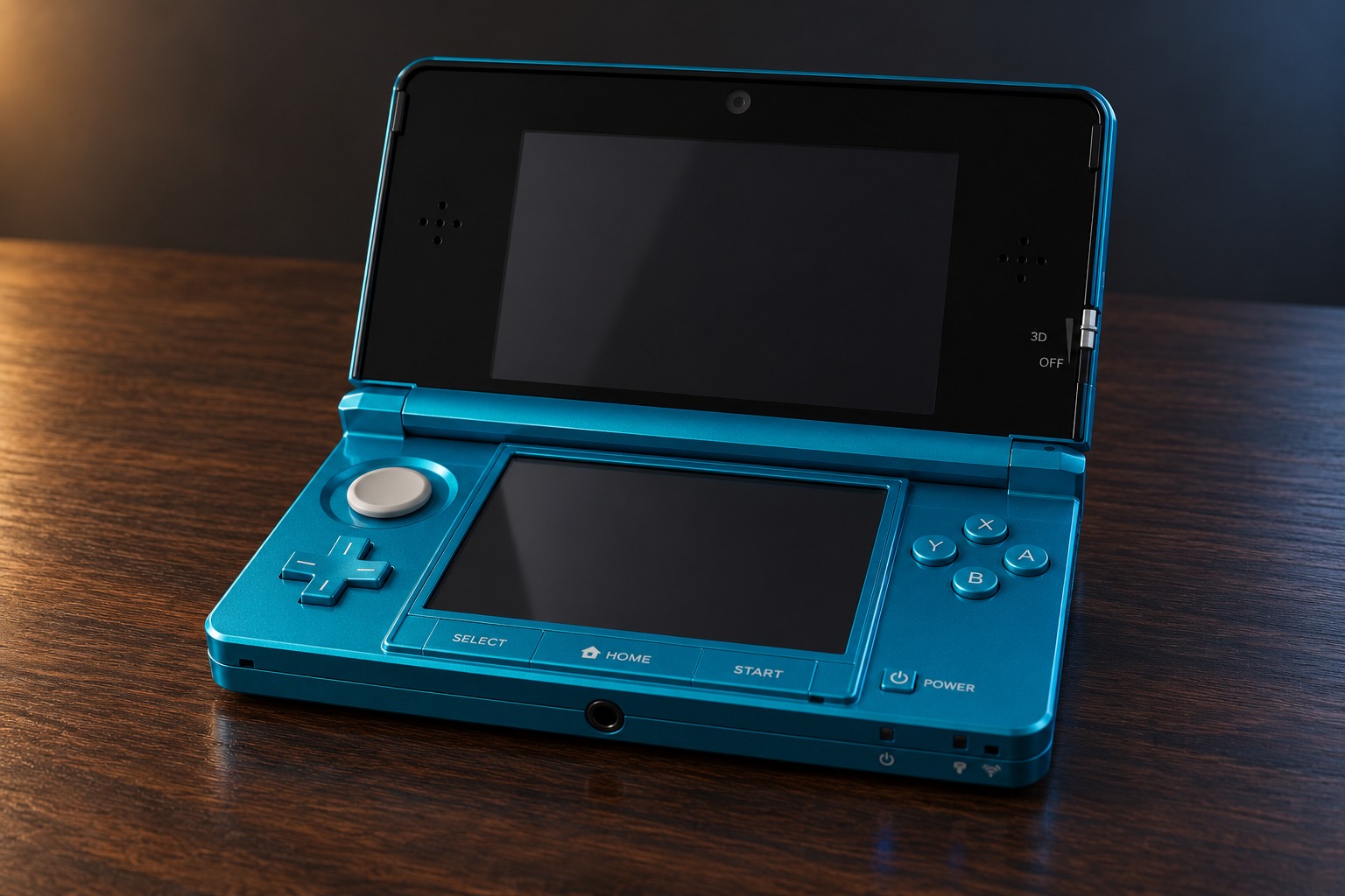 Nintendo 3DS mit integrierter Steuerung auf einem dunklen Holztisch vor dezent beleuchtetem Hintergrund