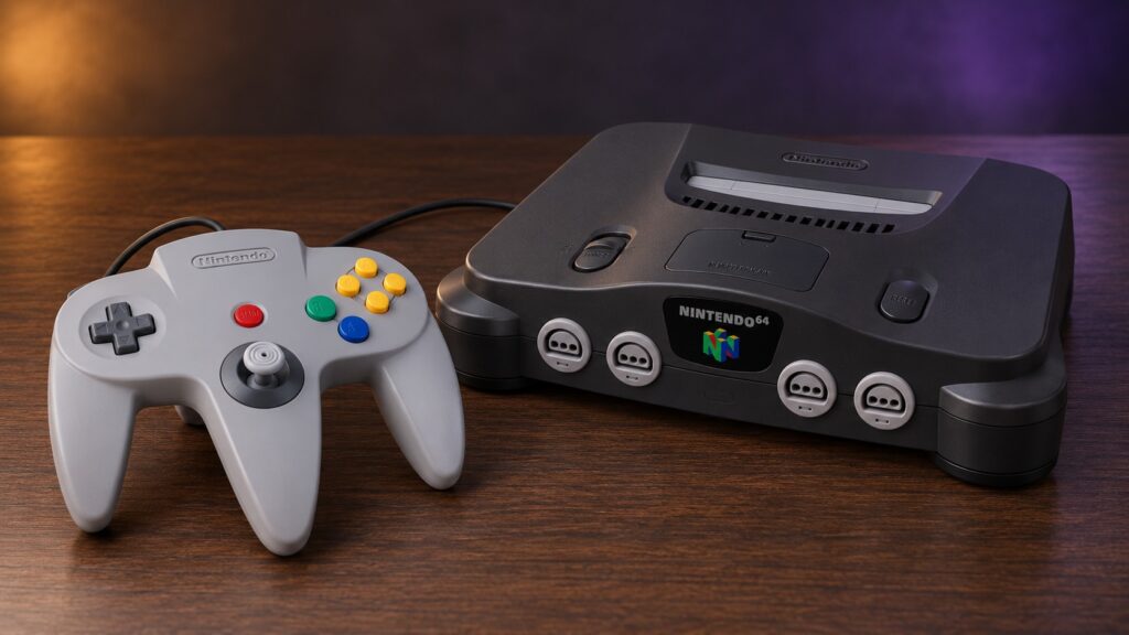 Nintendo 64 mit passendem Controller auf einem dunklen Holztisch vor dezent beleuchtetem Hintergrund
