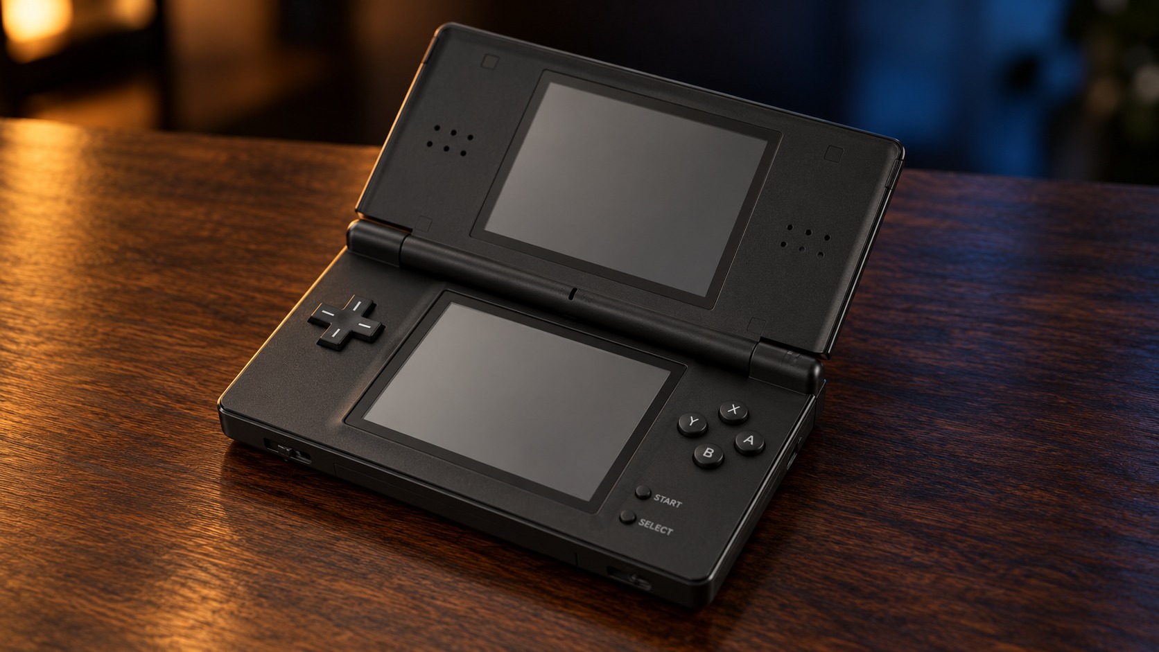 Nintendo DS Lite mit integrierter Steuerung auf einem dunklen Holztisch vor dezent beleuchtetem Hintergrund