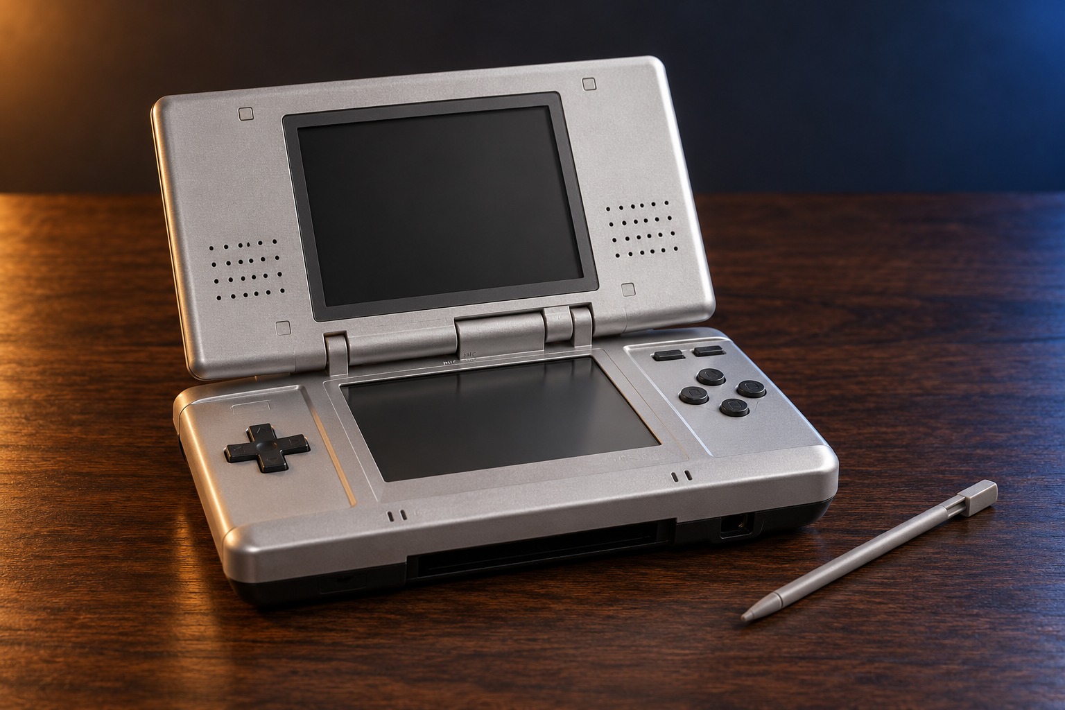 Nintendo DS mit integrierter Steuerung auf einem dunklen Holztisch vor dezent beleuchtetem Hintergrund