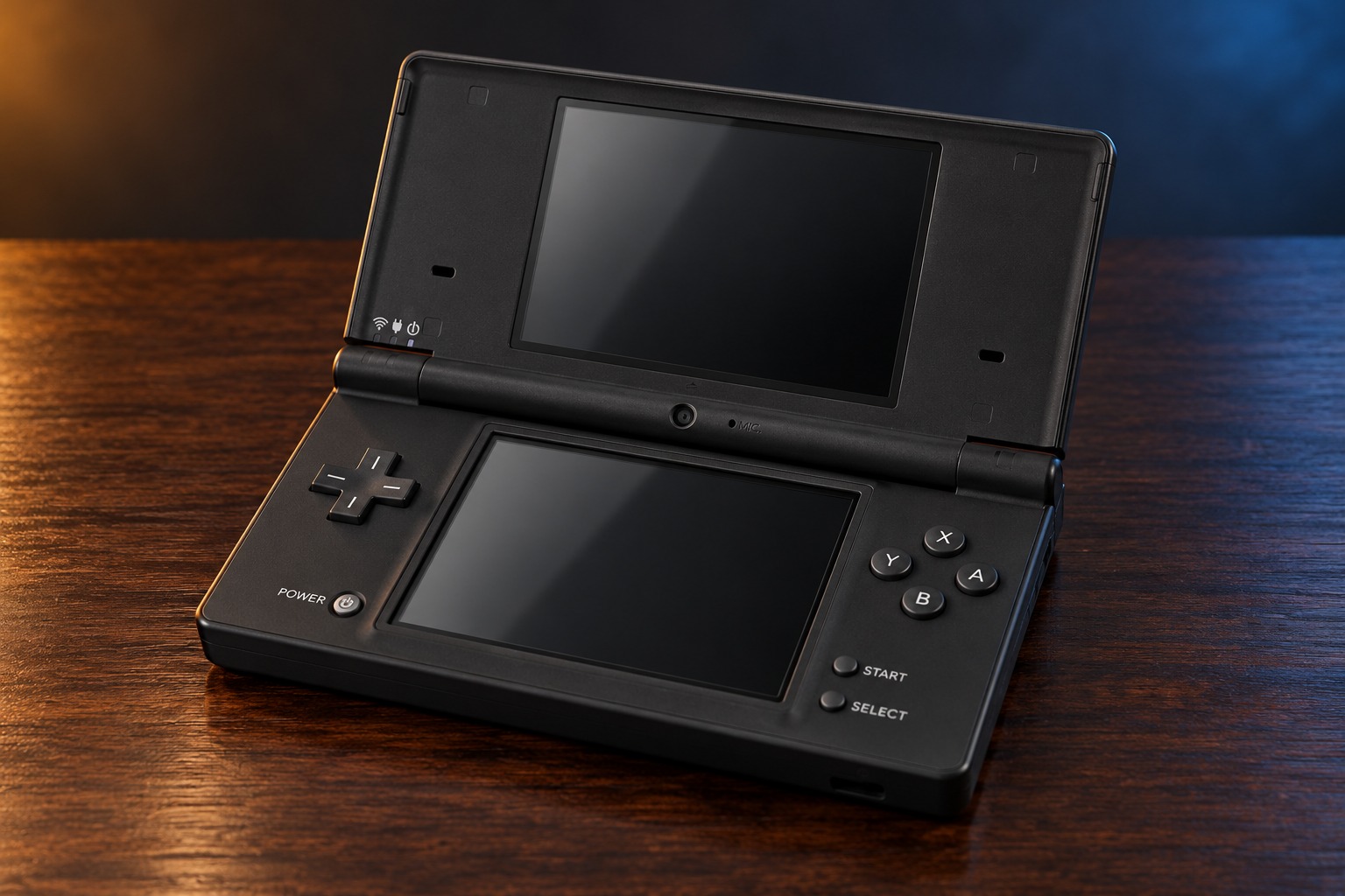Nintendo DSi mit integrierter Steuerung auf einem dunklen Holztisch vor dezent beleuchtetem Hintergrund