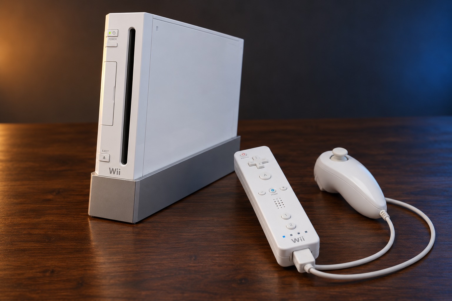 Nintendo Wii mit passendem Controller auf einem dunklen Holztisch vor dezent beleuchtetem Hintergrund