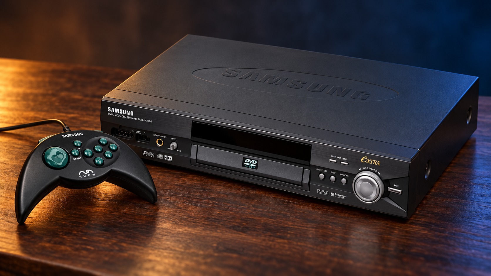 Nuon (Samsung DVD-N2000) mit passendem Controller auf einem dunklen Holztisch vor dezent beleuchtetem Hintergrund