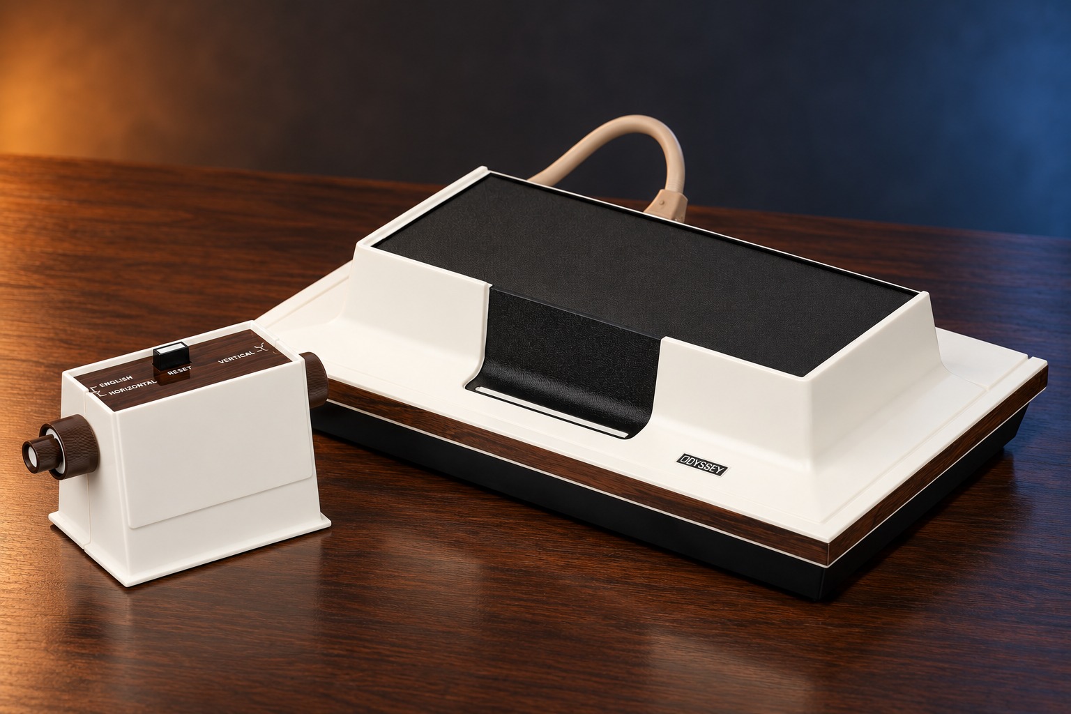 Magnavox Odyssey mit passendem Controller auf einem dunklen Holztisch vor dezent beleuchtetem Hintergrund