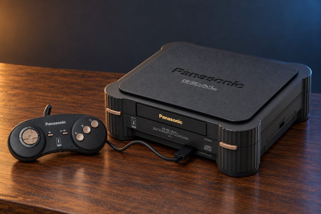 Panasonic 3DO FZ-1 mit passendem Controller auf einem dunklen Holztisch vor dezent beleuchtetem Hintergrund