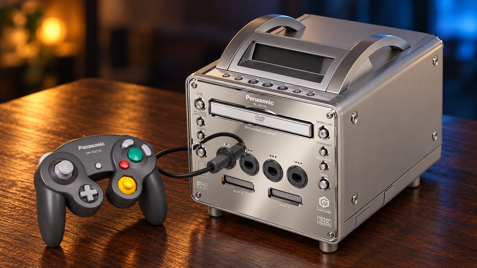 Panasonic Q mit passendem Controller auf einem dunklen Holztisch vor dezent beleuchtetem Hintergrund