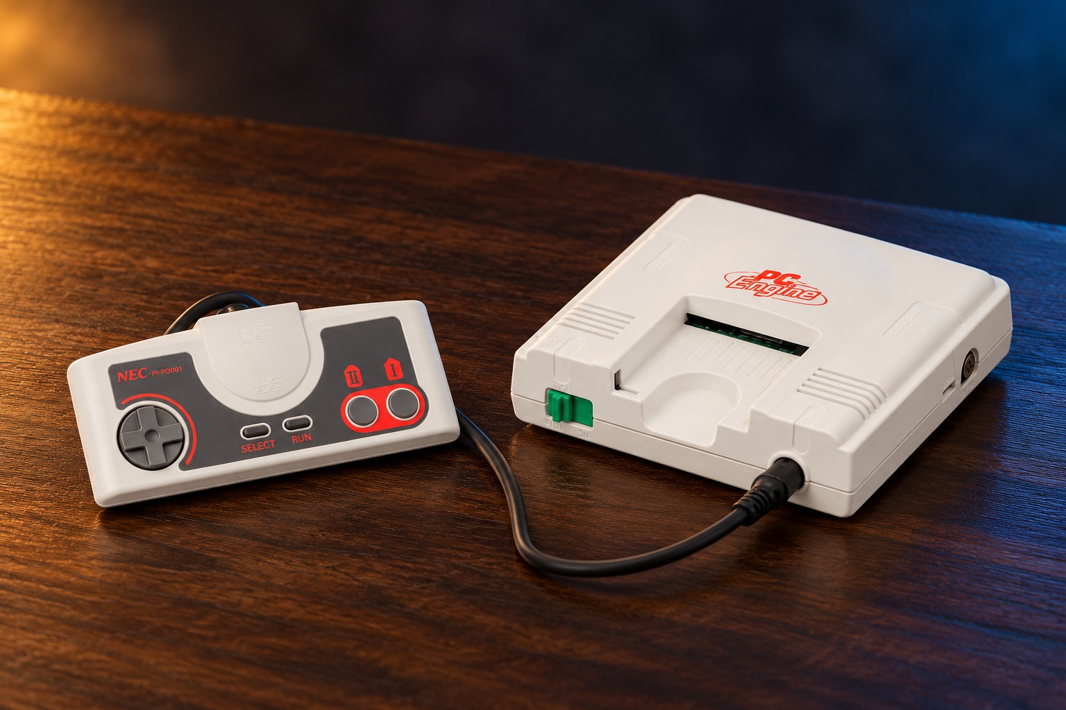 NEC PC Engine / TurboGrafx-16 mit passendem Controller auf einem dunklen Holztisch vor dezent beleuchtetem Hintergrund