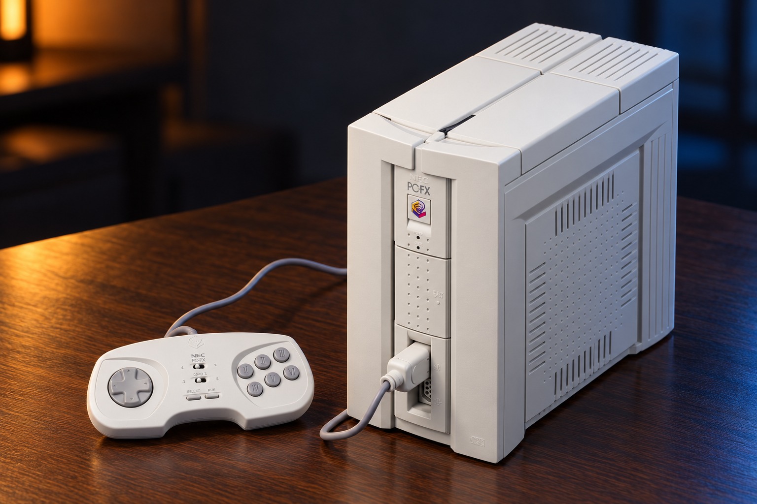 NEC PC-FX mit passendem Controller auf einem dunklen Holztisch vor dezent beleuchtetem Hintergrund