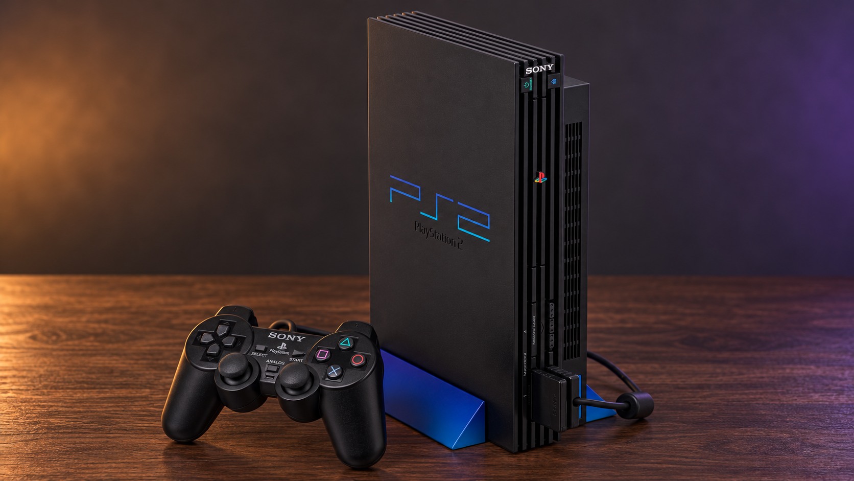Sony PlayStation 2 mit passendem Controller auf einem dunklen Holztisch vor dezent beleuchtetem Hintergrund