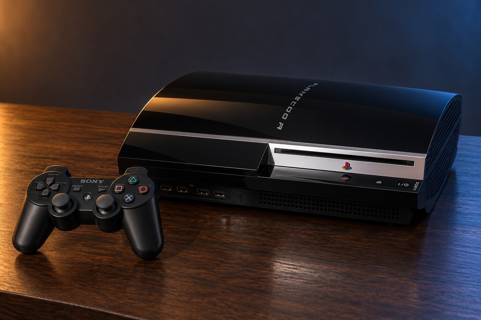 Sony PlayStation 3 mit passendem Controller auf einem dunklen Holztisch vor dezent beleuchtetem Hintergrund