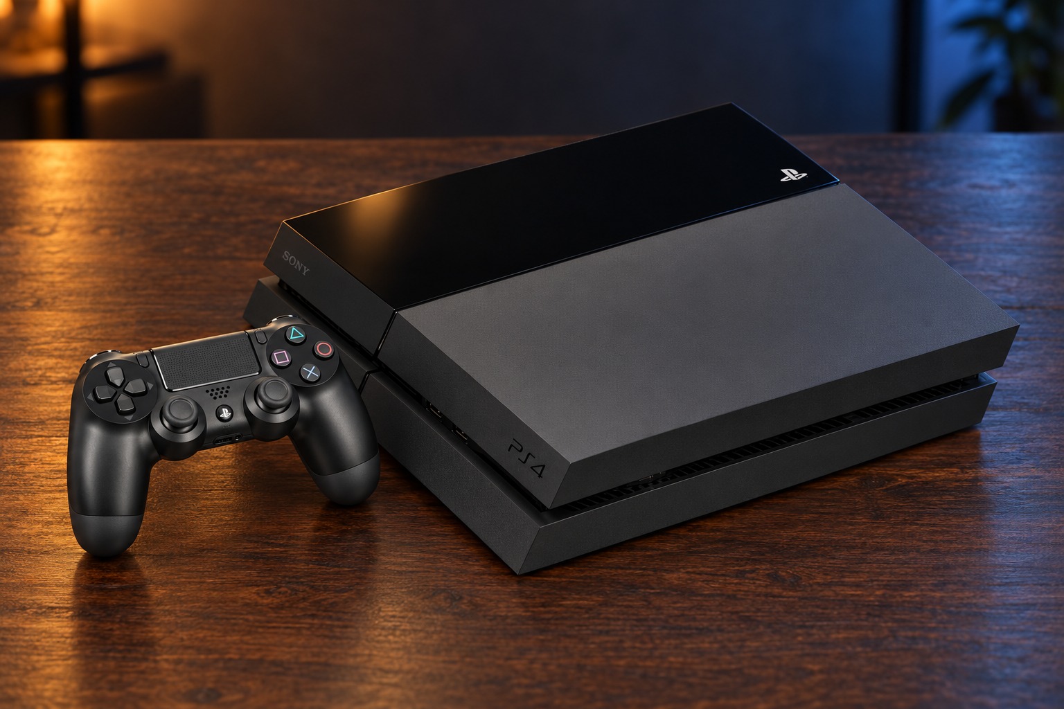 Sony PlayStation 4 mit passendem Controller auf einem dunklen Holztisch vor dezent beleuchtetem Hintergrund