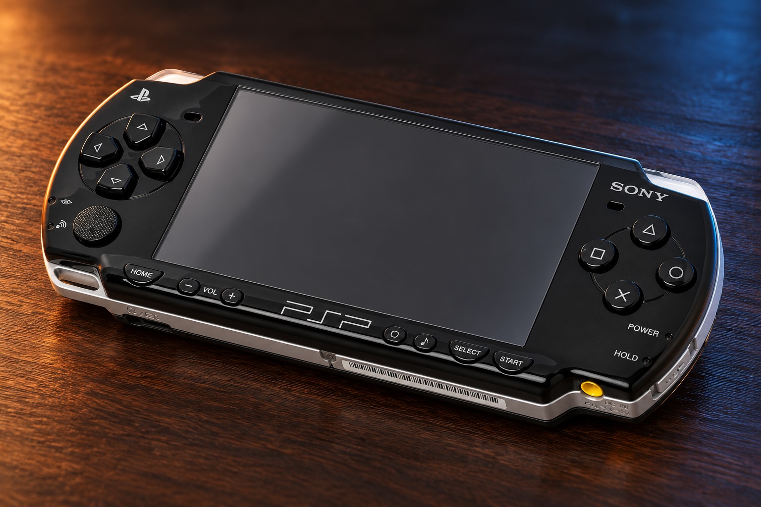 Sony PSP-2000 Slim & Lite mit integrierter Steuerung auf einem dunklen Holztisch vor dezent beleuchtetem Hintergrund