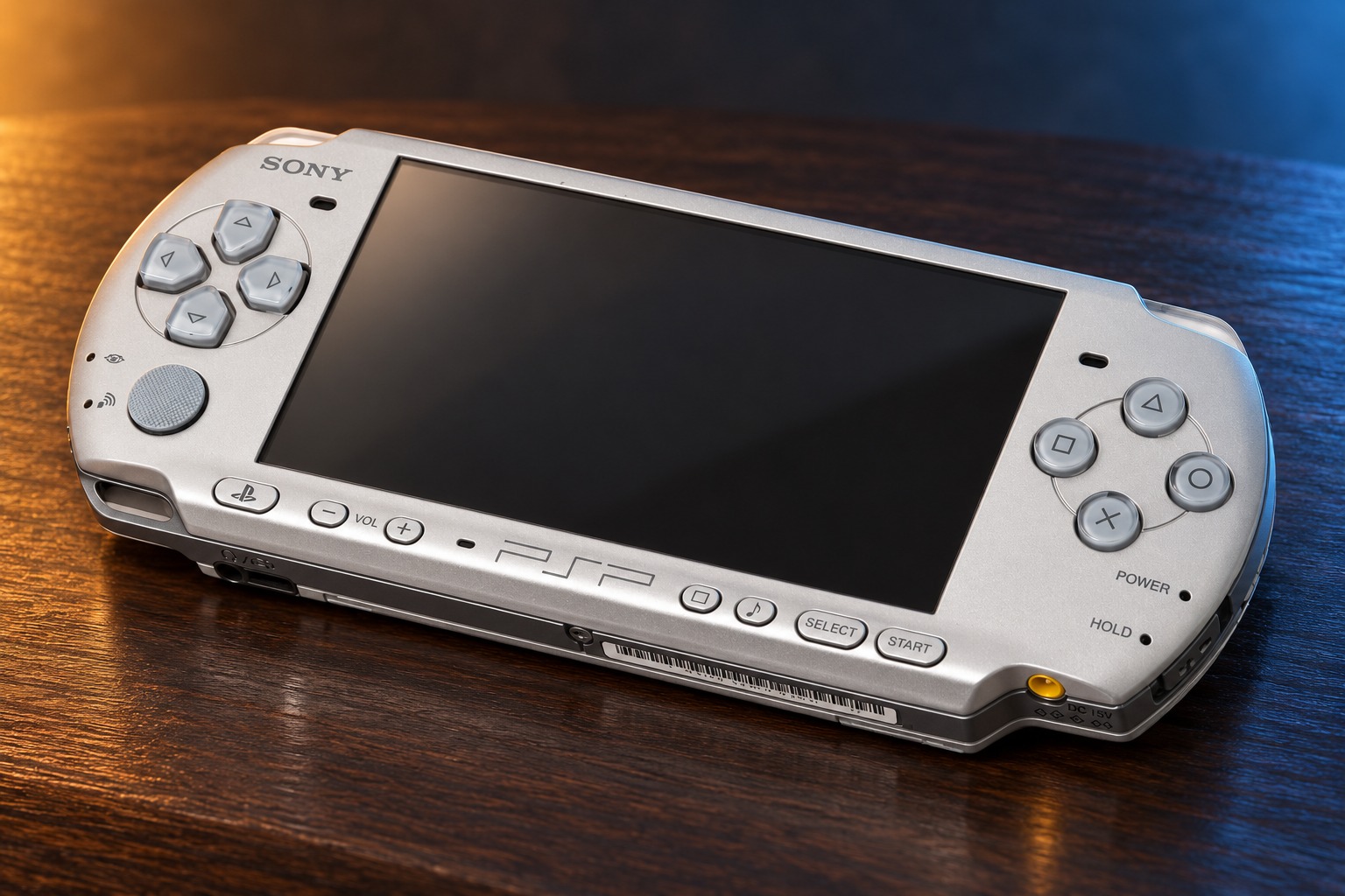 Sony PSP-3000 mit integrierter Steuerung auf einem dunklen Holztisch vor dezent beleuchtetem Hintergrund