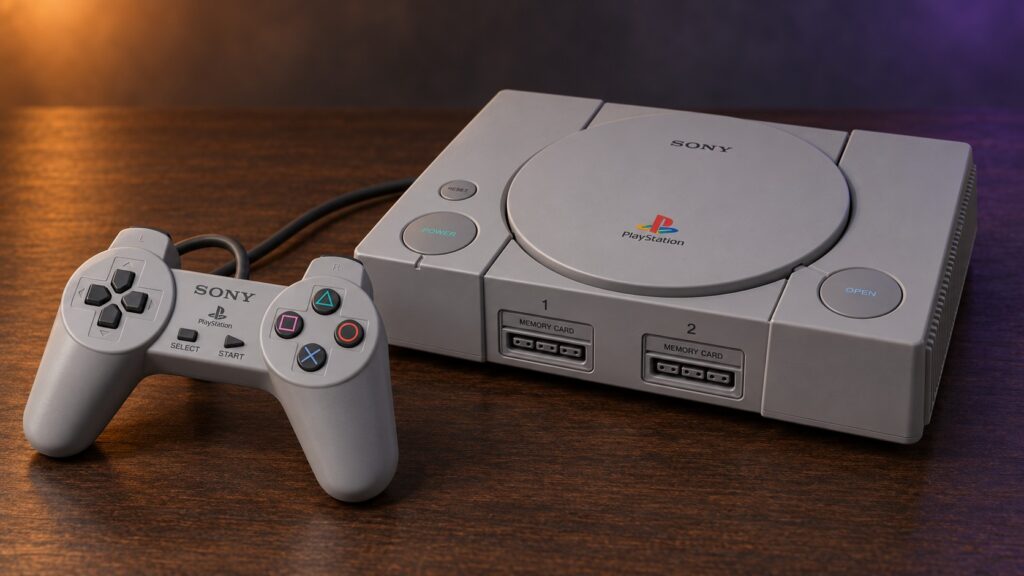 Sony PlayStation mit passendem Controller auf einem dunklen Holztisch vor dezent beleuchtetem Hintergrund