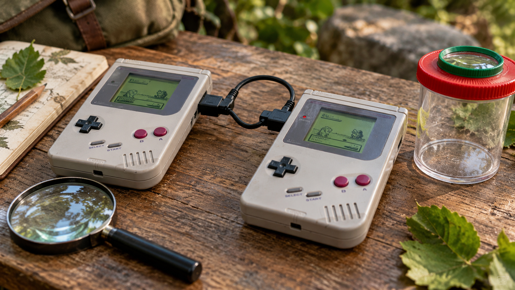 Zwei graue Handhelds am Link-Kabel neben Lupe und Beobachtungsglas – KI-generiertes Symbolbild zur Pokémon-Entstehung