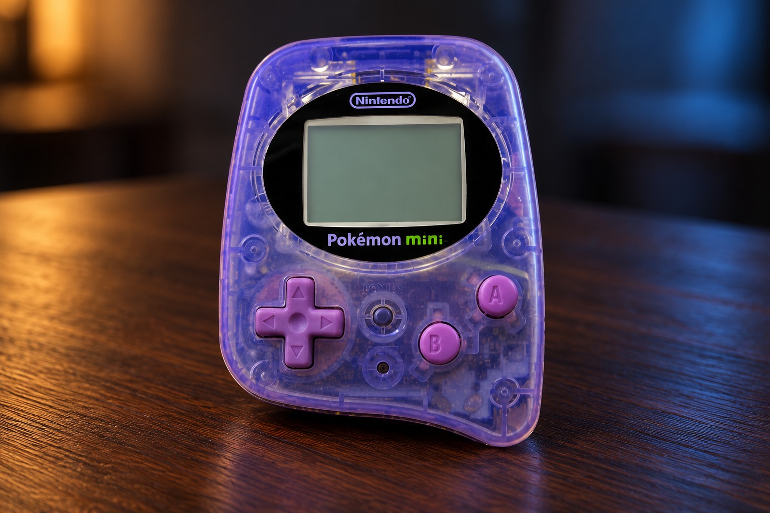 Nintendo Pokémon Mini mit integrierter Steuerung auf einem dunklen Holztisch vor dezent beleuchtetem Hintergrund