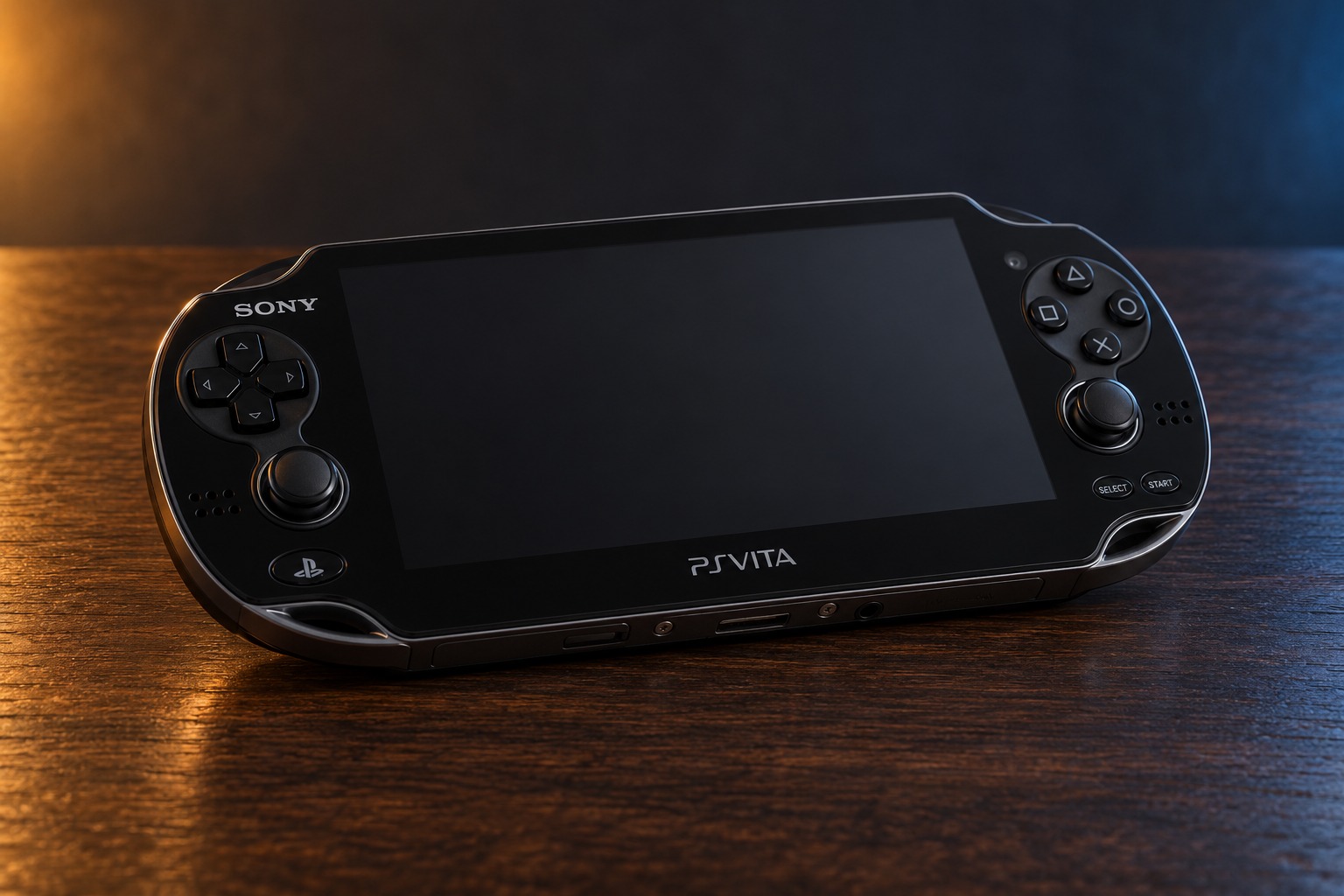 Sony PlayStation Vita mit integrierter Steuerung auf einem dunklen Holztisch vor dezent beleuchtetem Hintergrund