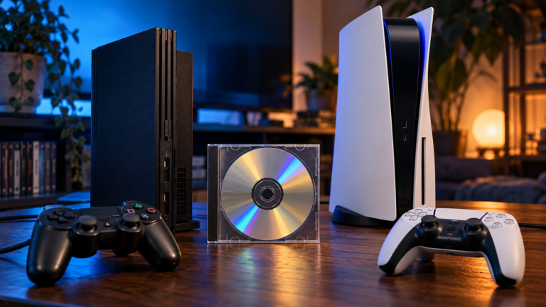 PS2-Spiele auf PS5: KI-Illustration zweier Konsolengenerationen mit Controllern und einer Spiele-Disc.