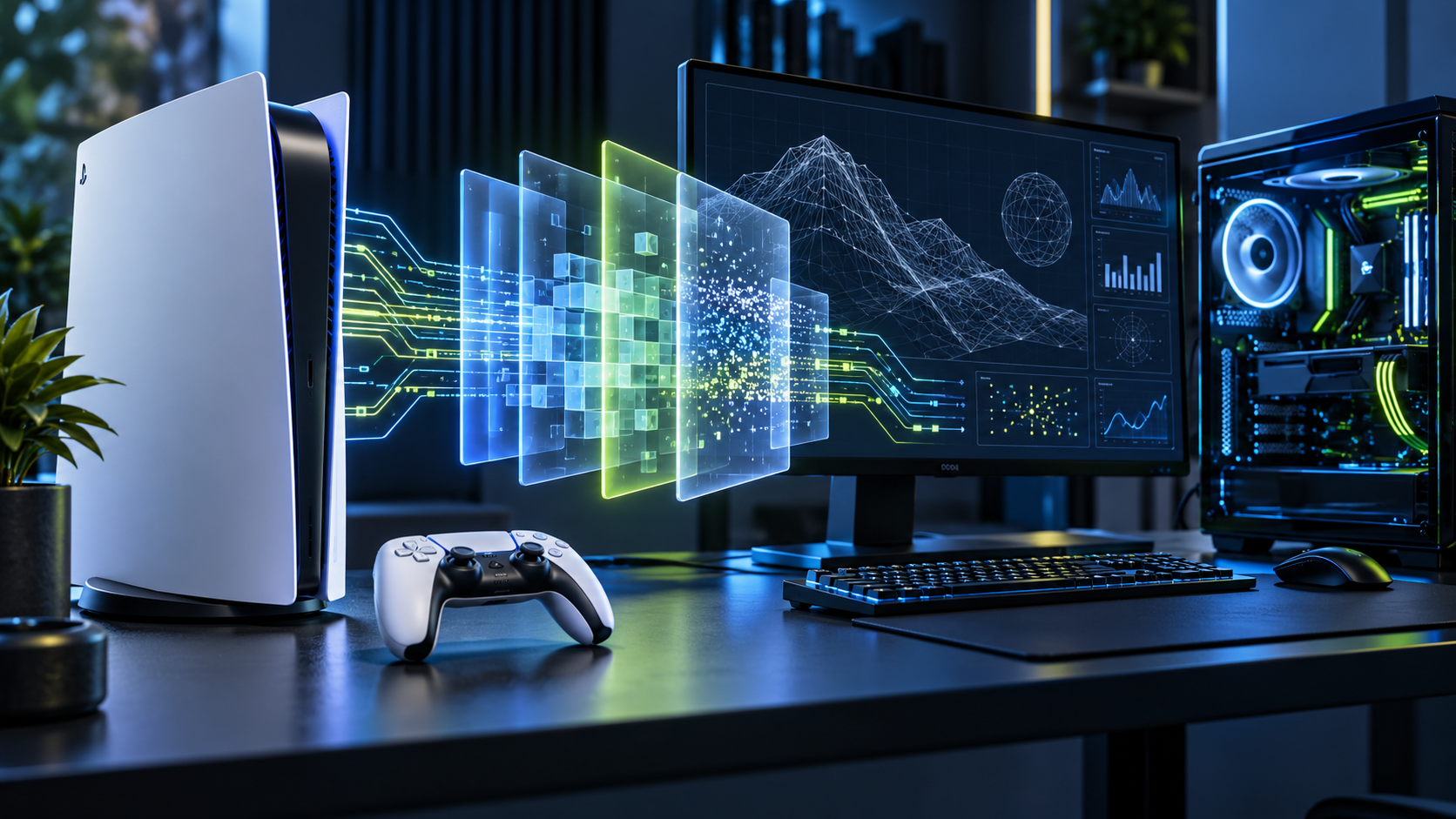 PS5-Emulatoren auf dem PC: Illustration einer Konsole, eines Gaming-PCs und abstrakter Software-Ebenen.