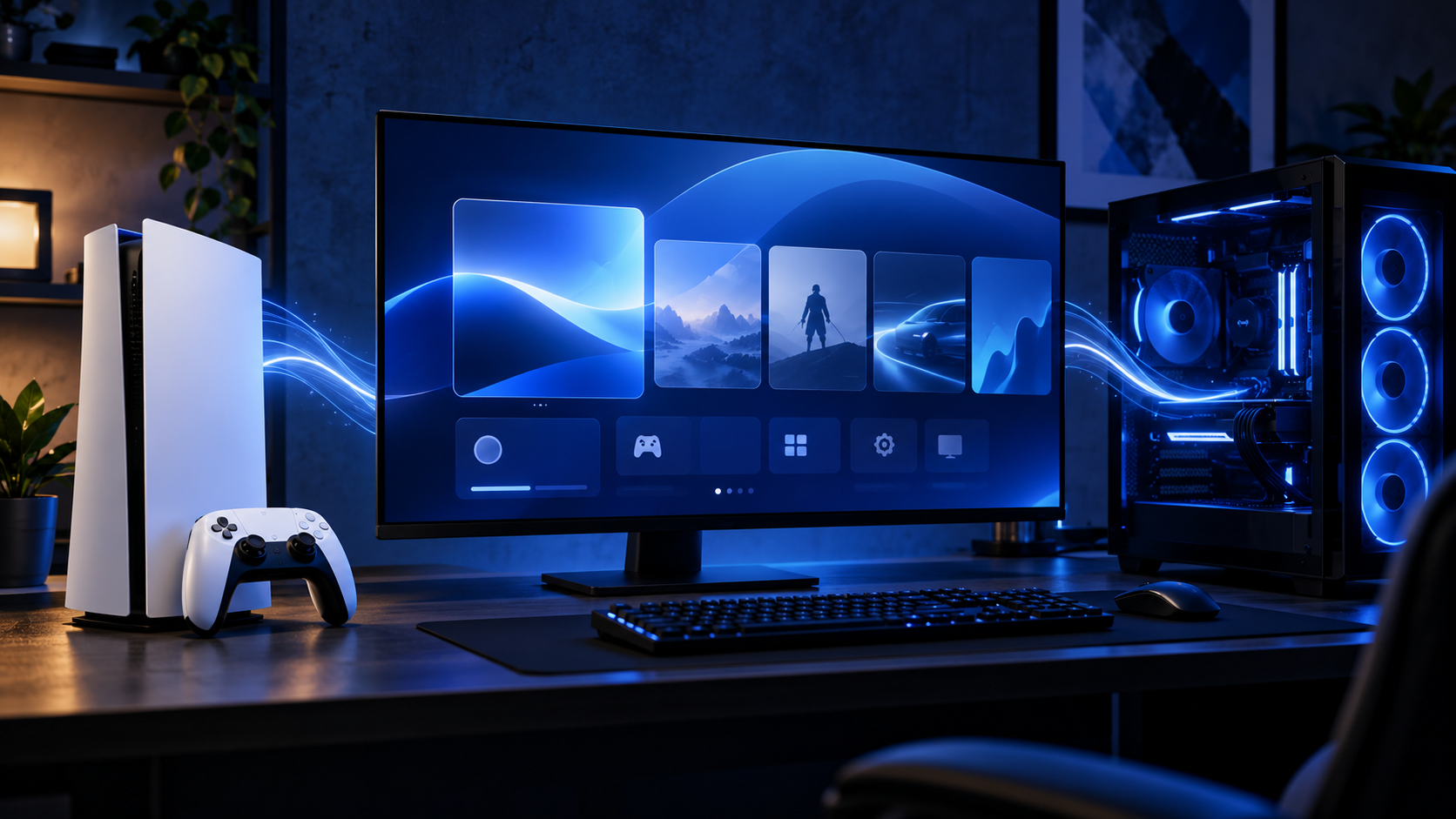 PS5-Interface auf dem PC: KI-generierte Illustration eines Gaming-PCs mit Konsolenmenü, Controller und Konsole.