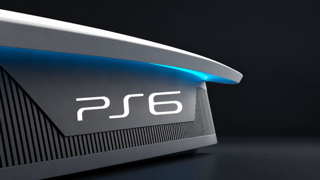 Fiktiver PS6-Konzeptentwurf mit weißem Gehäuse und blauer Lichtleiste – kein offizielles Sony-Design
