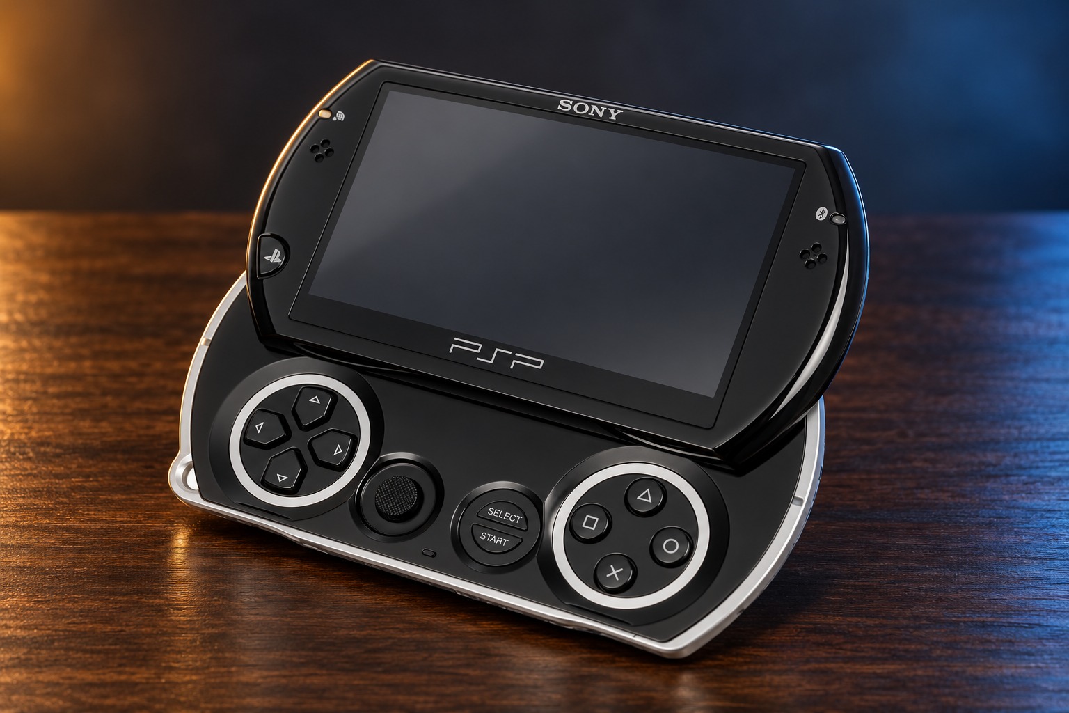 Sony PSP Go mit integrierter Steuerung auf einem dunklen Holztisch vor dezent beleuchtetem Hintergrund