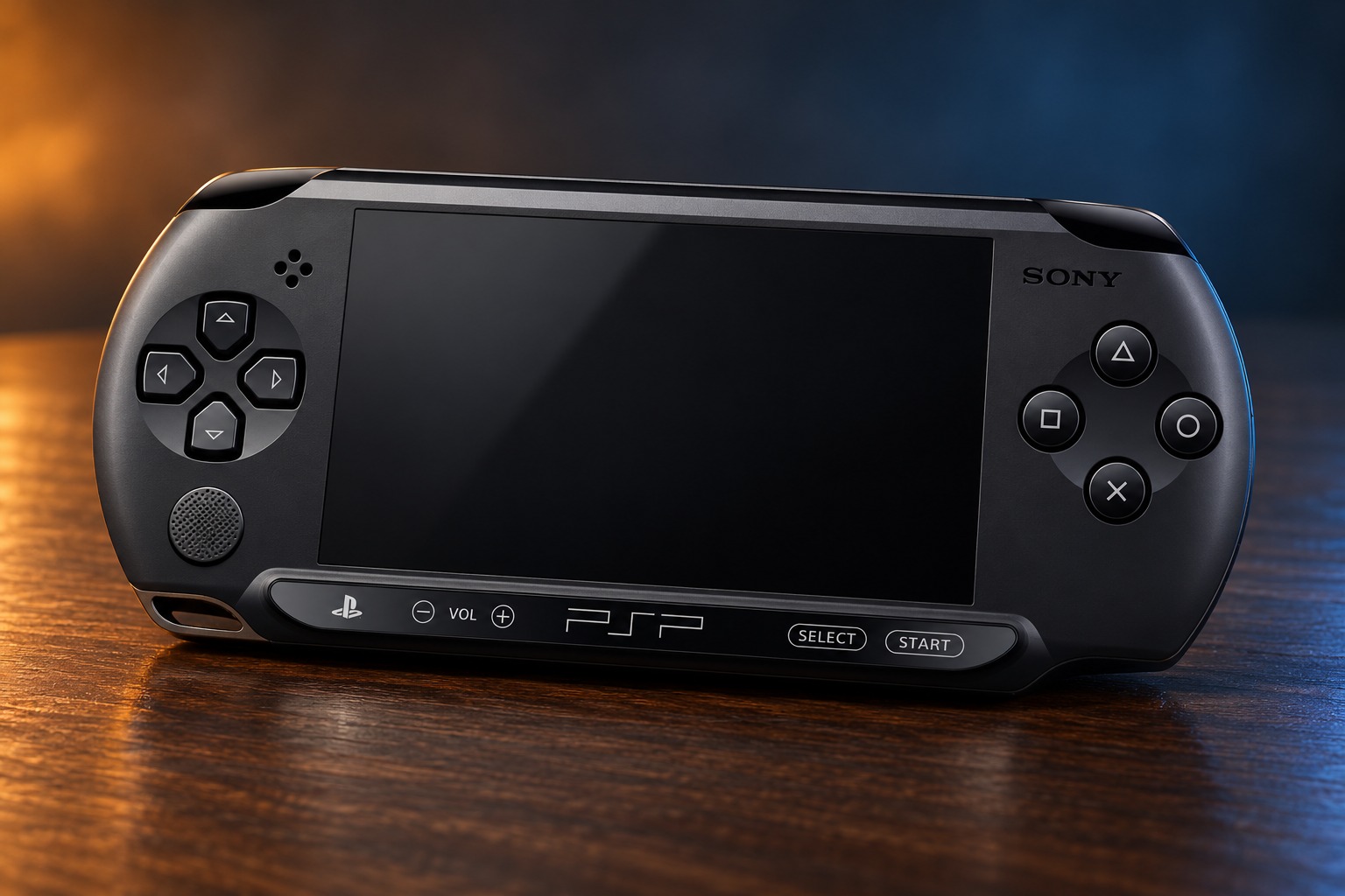 Sony PSP Street mit integrierter Steuerung auf einem dunklen Holztisch vor dezent beleuchtetem Hintergrund