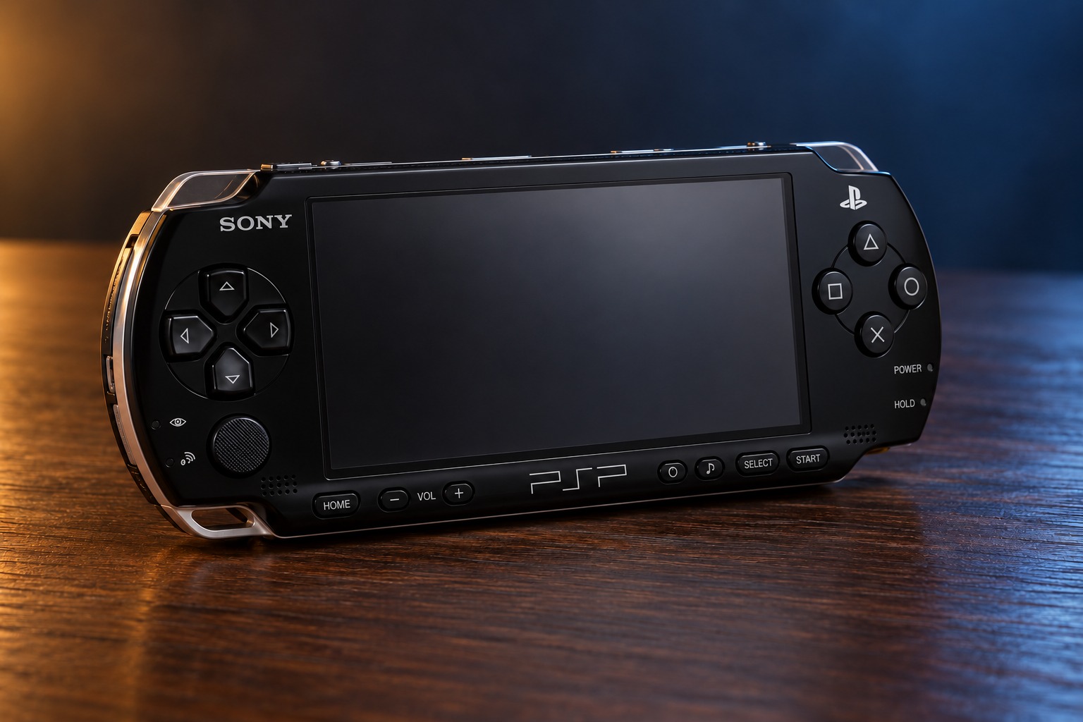 Sony PlayStation Portable (PSP) mit integrierter Steuerung auf einem dunklen Holztisch vor dezent beleuchtetem Hintergrund