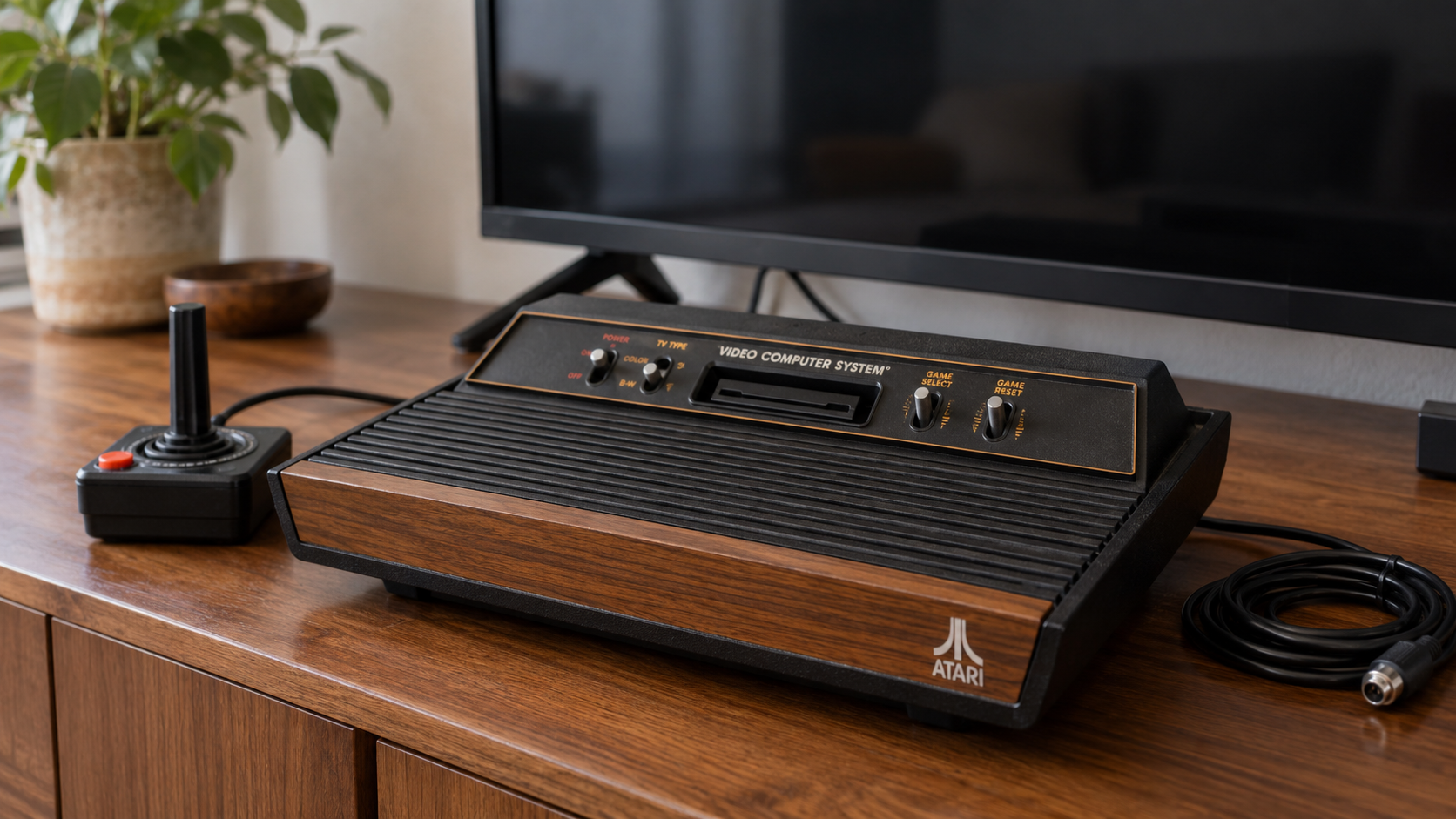 Atari-Konsole mit Holzoptik, Joystick und Antennenkabel vor einem modernen Fernseher – KI-generiertes Symbolbild
