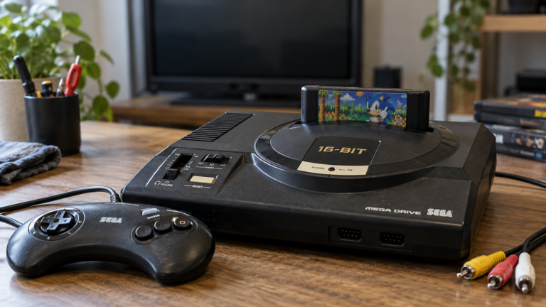 Mega-Drive-Konsole mit Spielmodul, Controller und AV-Kabel vor dunklem Fernseher – KI-generiertes Symbolbild