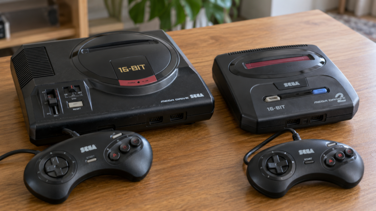 Zwei Mega-Drive-Modelle mit ihren Controllern im direkten Größenvergleich – KI-generiertes Symbolbild
