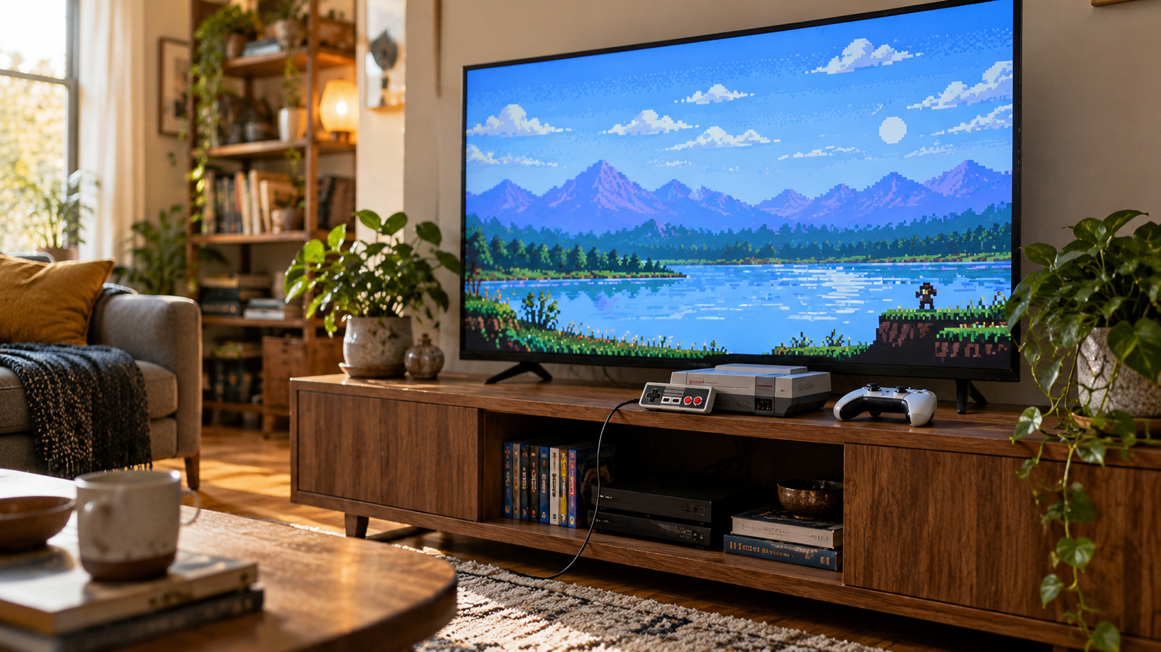 Retro-Konsole und moderner Controller vor einem Fernseher mit Pixelspiel – KI-generiertes Symbolbild