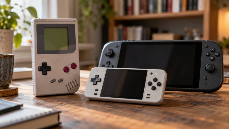 Drei unterschiedlich große Handheld-Konsolen auf einem Holztisch – KI-generiertes Symbolbild